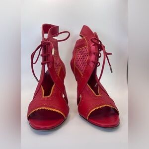 Roberto Cavalli Red & Pink Perforated Lace Cut Out Sandals 37